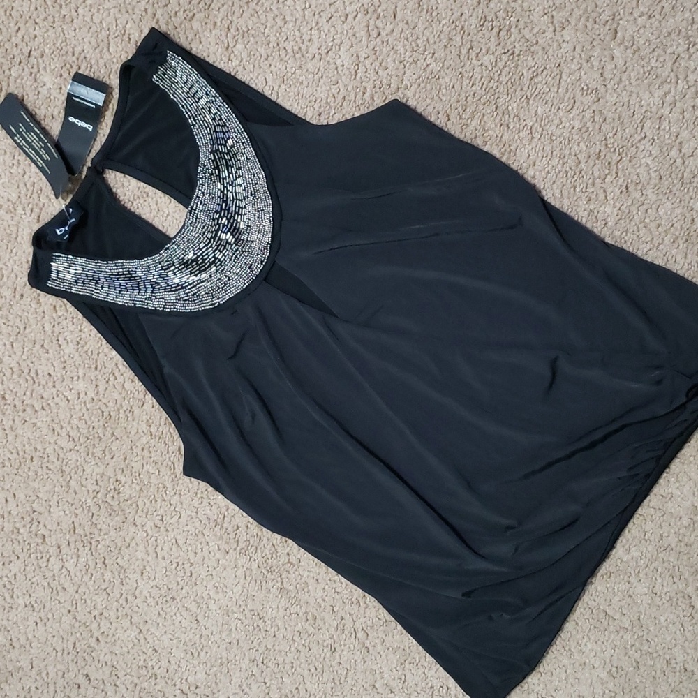 Black Bedazzled Bebe Fold Over Tank Top Beaded Metal Neckline Keyhole Back S NWT